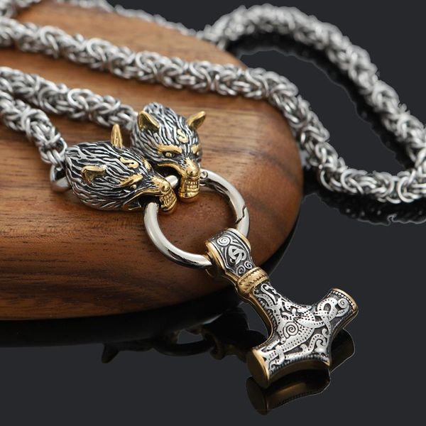 

pendant necklaces hammer mjolnir wolf necklace men jewelry norse viking stainless steel chain, Silver