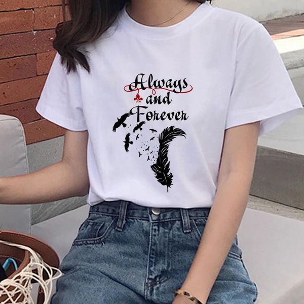 

women's t-shirt always and forever harajuku fashion female bird feathers print short sleeved shirt streetwear tee, White