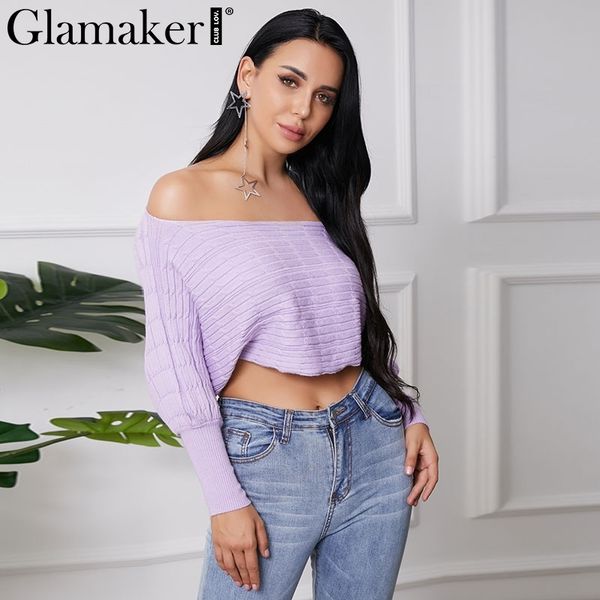 

glamaker off shoulder purple pullover short sweater jumper crop knitted sweater women winter aw sweaters ladies pull femme 210414, White;black