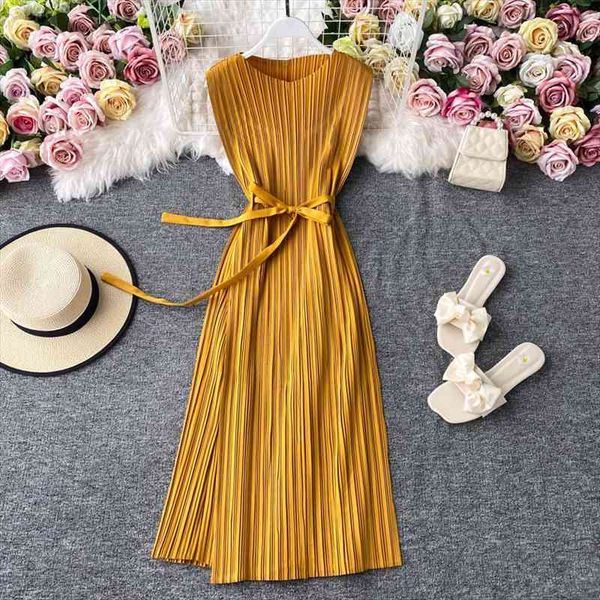 

summer korean commuter solid color women dresses round neck sleeveless waist pleated female big swing hh298, Black;gray