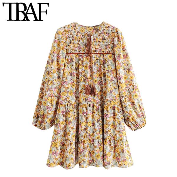 

traf women fashion with tassel floral print mini dress vintage long sleeve smocked elastic female dresses vestidos 210415, Black;gray
