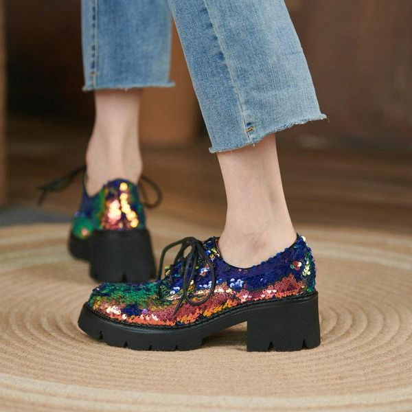 

dress shoes zawsthia 2021 fall sequined glitter bling green woman platform chunky square heels lace-up women oxfords pumps, Black