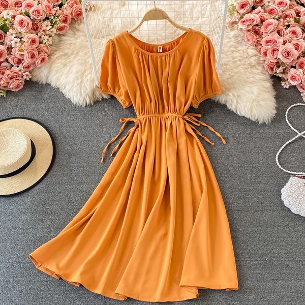 

yellow/brown/beige/black dstring draped dress women vintage round neck short sleeve high waist a-line loose vestidos summer, Black;gray
