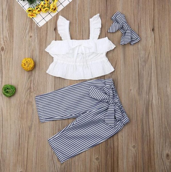 Criança bebê menina conjuntos cinta placas colheita tops bowknot calças listradas headband 3 pcs roupas de verão