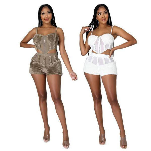 

women's tracksuits 2021 women fluffy suit spaghetti straps zipper corset camisole shorts autumn winter plush two piece sets clubwe, Gray