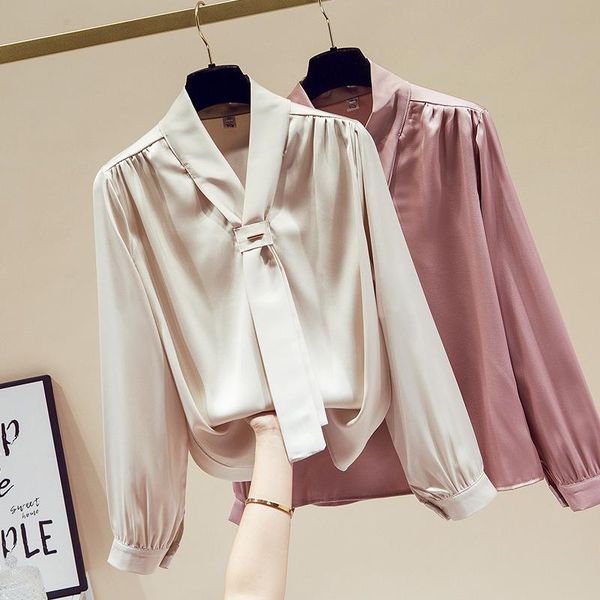 

women's blouses & shirts blouse women 2021 spring long-sleeved shirt satin loose solid color tie lead chiffon fashion female business t, White