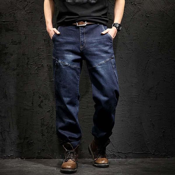 

mcikkny men's biker cargo denim trousers zipper pockets military style tactical motorcycle jeans pants for men straight, Blue