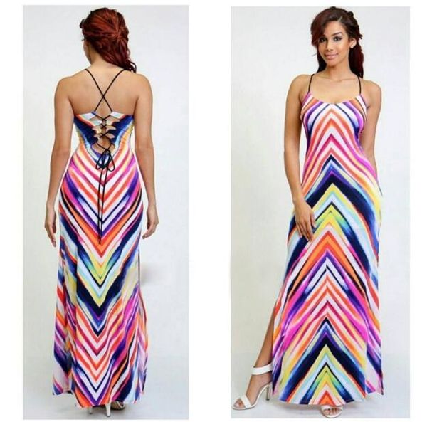 

summer women striped sling dress printing high split dress fashion bohemia female harness long dress, Black;gray