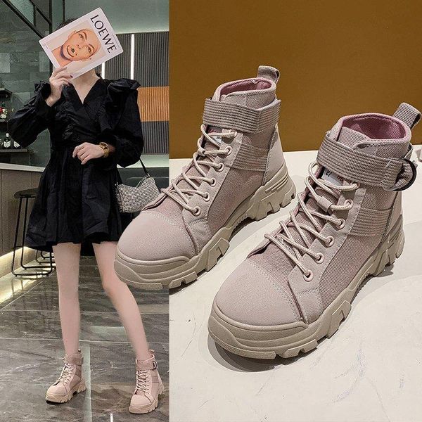 

boots women british style 2021 woman leather sneakers casual high flat with spring autumn women's ankle boot, Black