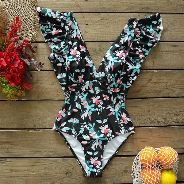 

v-neck one piece swimsuit shoulder ruffle swimwear women green and floral bathing suit beachwear monokini swim one-piece suits