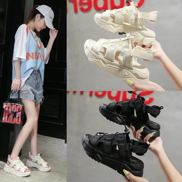 

sports sandals female 2021 summer fashion wild casual thick bottom increased roman tide z992, Black