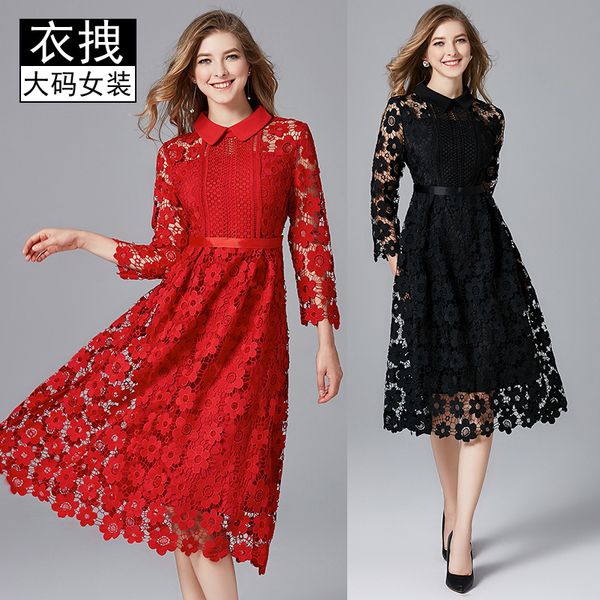 

Plus size Dresses Large Red Skirt Autumn Spring Wedding Fat Mm Medium Length Hollow Out Bla Lace, Black