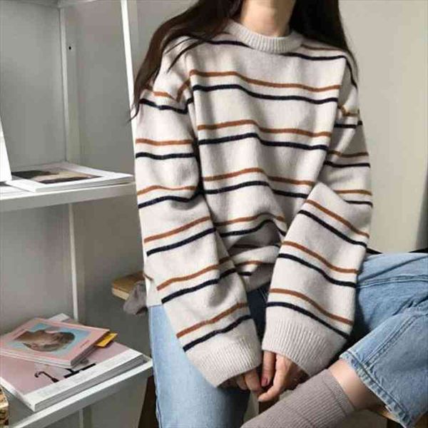 

winter clothes women knitted sweater o-neck striped long sleeve women casual korean clothing loose female pullover sweater, White;black