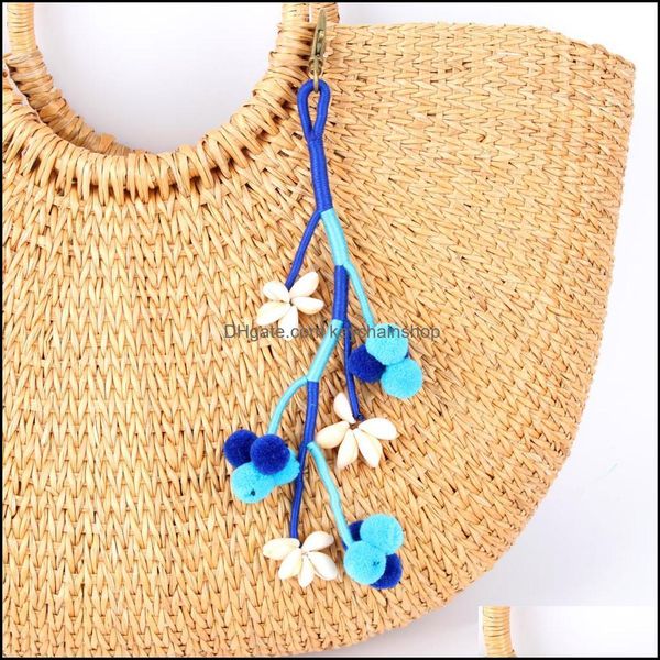 

keychains fashion accessories 1 pc boho style summer beach tree shell with colorf pompom for women bag hanging wallet pendant jewelry e2365/, Silver