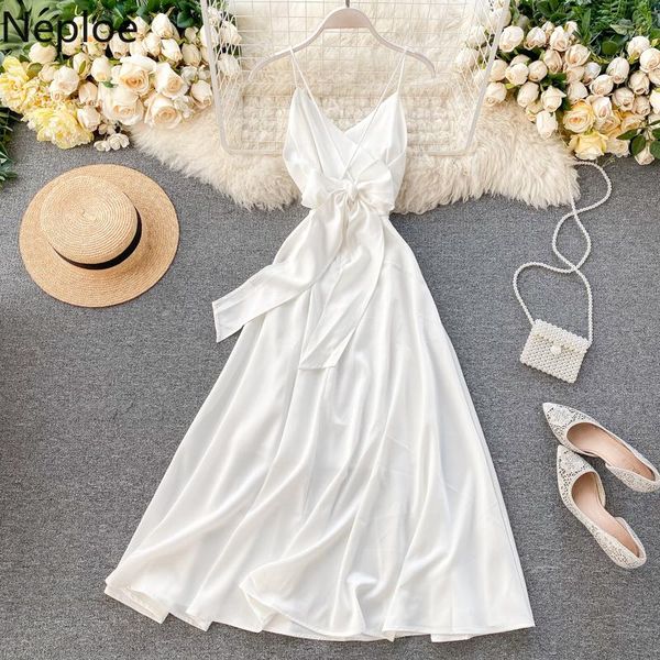 

neploe v neck backless dress women korean chic high waist sleeveless camis dresses solid lace up bow beach vestidos 80939 casual, Black;gray