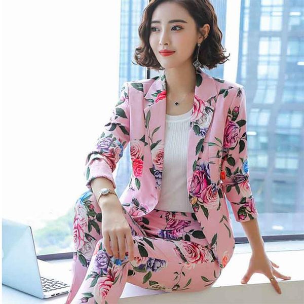 

casual formal business slim long-sleeved two pieces ladies blazer and pants set fashion floral printed women pant suits women's piece, White