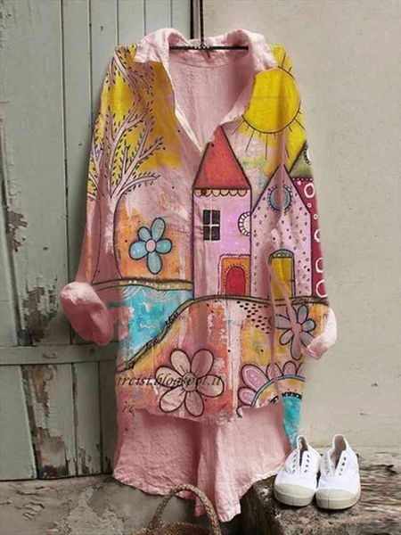 

autumn female casual cartoon print turn-down collar women blouses long sleeves red house print ladies loose irregular shirts, White