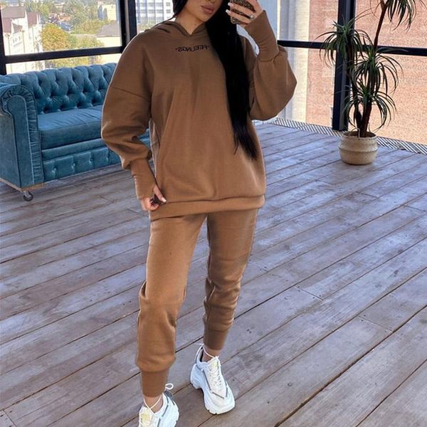 

women's two piece pants fleece print hoodies trousers set 2021 autumn loose long pullovers sweatpants suits female casual street sports, White