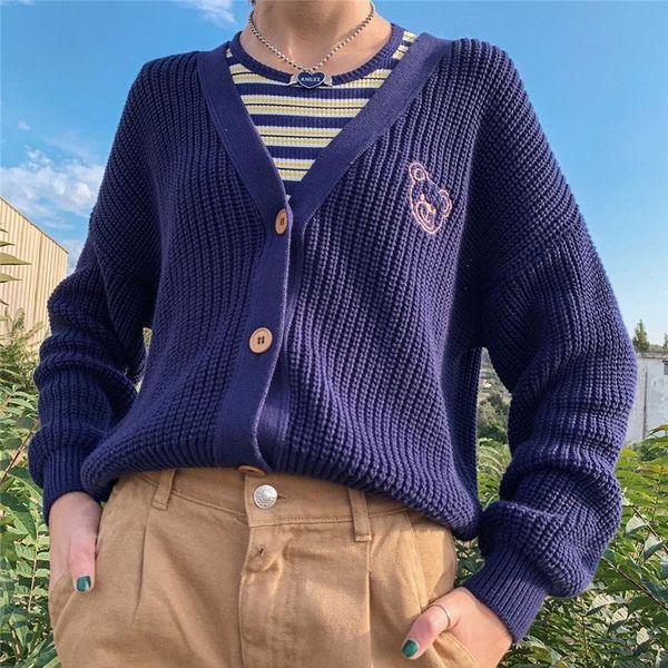 

women's knits & tees y2k loose sweater 90s vintage knitted cardigan letter embroidery v neck long sleeve knitwear jumpers for autumn sp, White