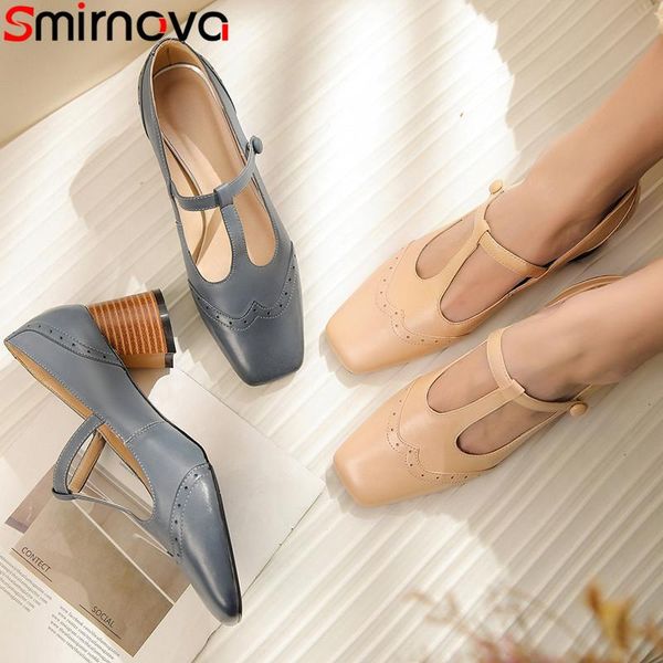 

dress shoes smirnova 2021 pumps women square toe genuine leather thick high heels buckle mary janes prom wedding, Black