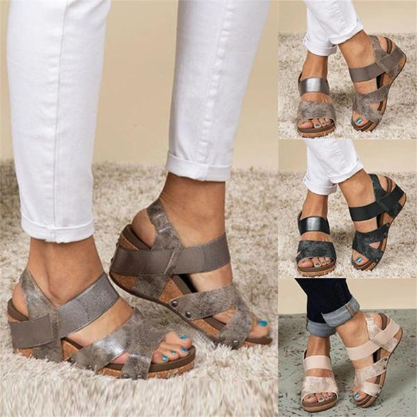 

woman shoes summer women's fashion round toe shoe wedges platform casual elastic band retro sandals open platforms, Black