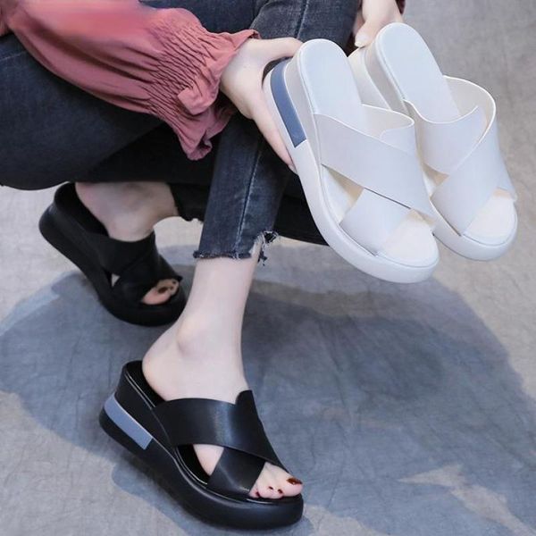 

slippers 2021 leather women casual daily home flats summer shoes for women's platform lady footwear size 34-39, Black