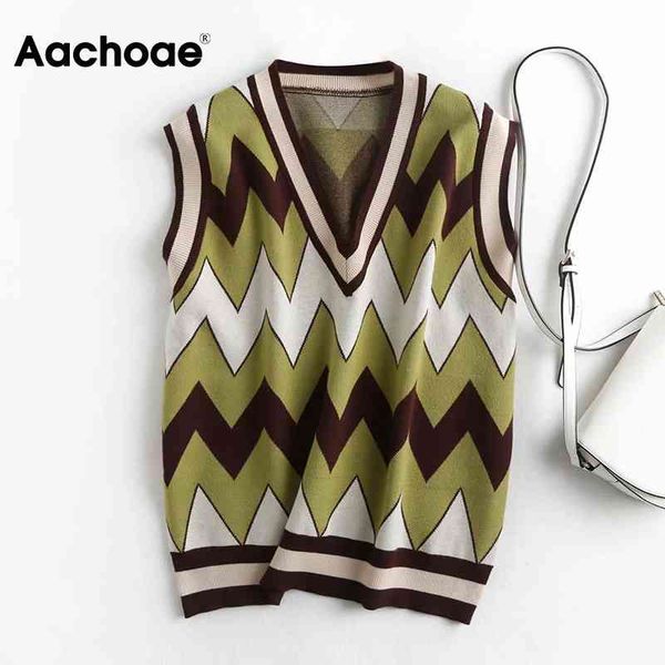 

aachoae v neck geometric knitted lady sleeveless casual pullover sweater women office wear elegant vest chaleco mujer 210413, White;black
