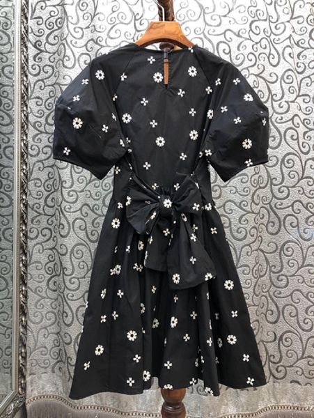 

dress 100%cotton summer style women o-neck white color block floral print short sleeve a-line elegant back bow dress chic, Black;gray