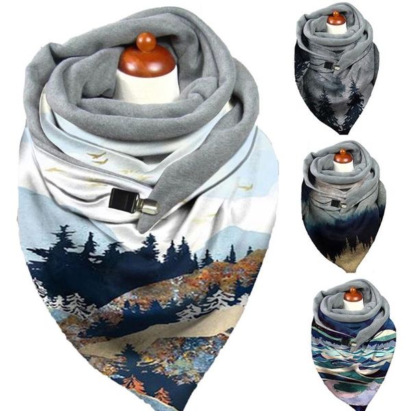

scarves women men winter button triangle scarf contrast color dandelion print shawl wrap thick faux fleece lining thermal neck warmer, Blue;gray