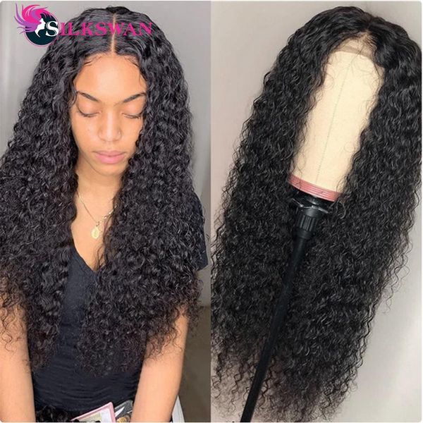 

lace wigs jerry curly wig brazilian human hair 4x4 closure pre-plucked 180 density silkswan remy for black women, Black;brown