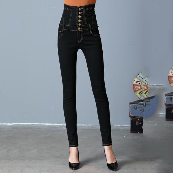 

large size high waist ladies denim jeans trousers, slimming elastic feet pencil pants women's, Blue
