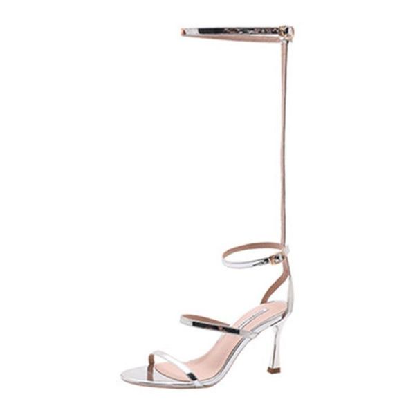 

sandals women pu buckle strap 8cm thin heels high round toe shallow shoes sandalias mujer 2021 size 35-42 silver, Black