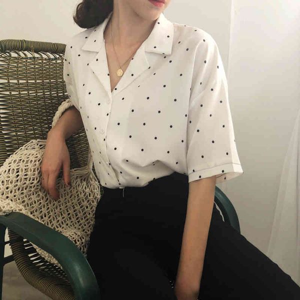 

women chiffon shirt short sleeve offfice lady summer fashion casual loose shirts female polka dot blouse 210423, White
