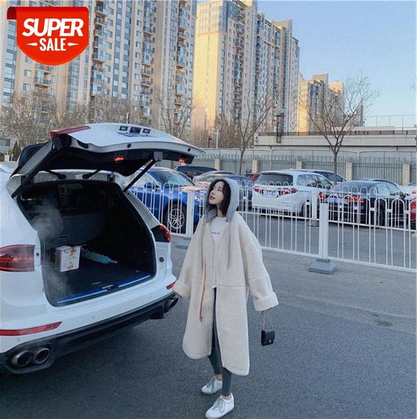 

women's long lamb wool coat mid-length white plush hooded #fm6s, Black