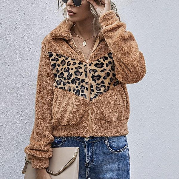 

pockets patchwork leopard fleece short jacket women autumn winter fashion lapel zipper coats female outerwear 2021 women's jackets, Black;brown