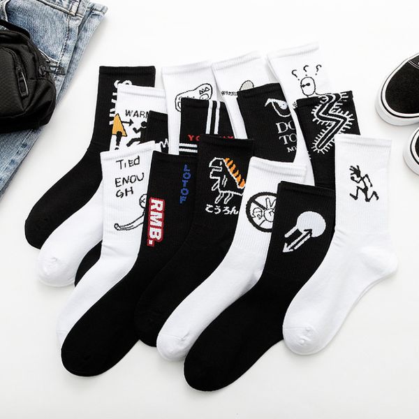 

new graffiti anime men women socks cotton ins harajuku white black sport happy soft funny trend streetwear girls sockings, White;pink