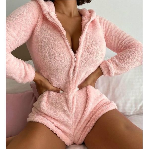

women's jumpsuits & rompers fashion plush warm playsuits women autumn winter long sleeve zipper hooded short solid color casual homewea, Black;white
