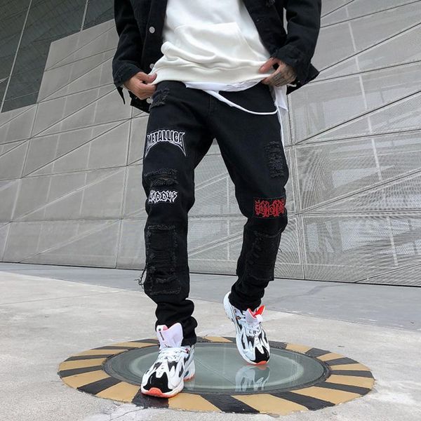 

men's pants jeans homme men 2021 korean hole loose straight streetwear hip hop personality print pencil ripped for, Black
