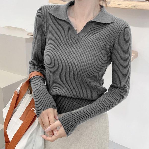 

women's sweaters 2021 causal women knitted sweater solid color lapel neck bottoming autumn base all match ladies straight, White;black