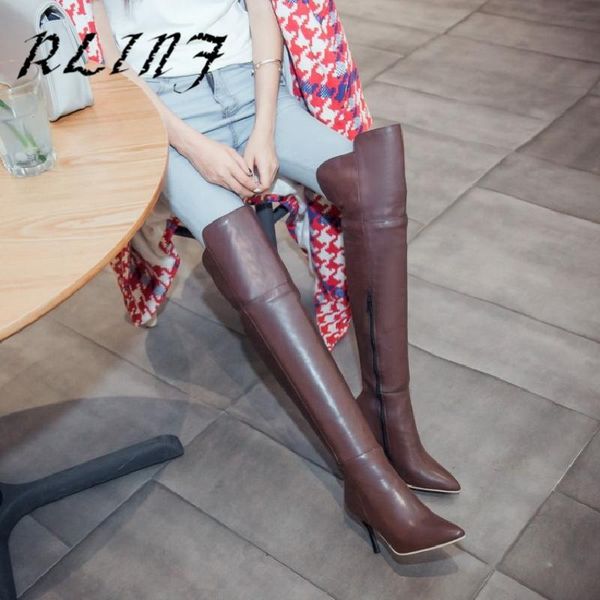 

boots rlinf fine high heeled leg knight pointed side zipper tube female long, Black
