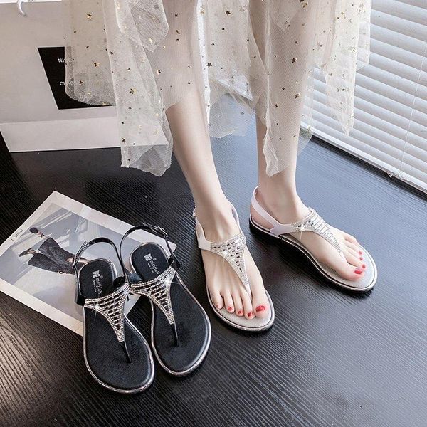 

sandals summer ladies bling rhinestones flat female casual breathable slippers womens sweet crystal flats flip flop, Black