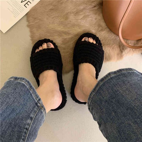 

sandals niufuni green wool slippers outdoor furry flat platform slides cross strap open toe hollow women's shoes cotton x7rw, Black