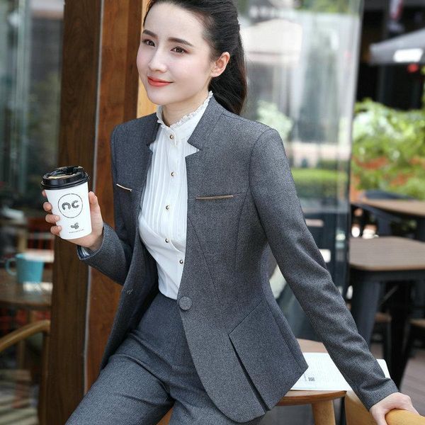 

gray blazer and pants set for women uniform ladies suit with trouser elegant slim business blezer femenina office wear women's two piec, White