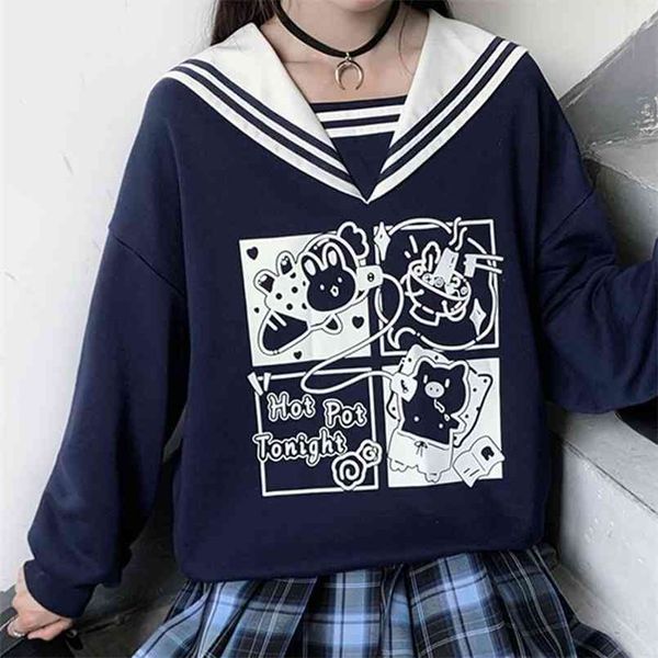 

qweek kawaii hoodie women sailor collar crewneck funny print anime sweatshirt japanese streetwear fashion e girl tracksuit 210813, Black