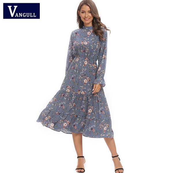 

vangull new floral chiffon blue dress crew neck long sleeve lotus leaf elastic high waist mid-length a-line chic feminine dress, Black;gray