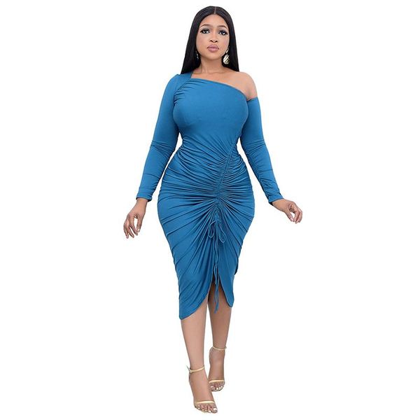 

casual dresses full sleeve mid-calf dress women shirring girls autumn slim fashion inclined shoulder party club vestidos, Black;gray