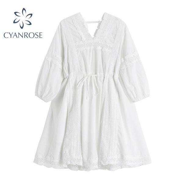 

white midi dress women summer high waist lace-up vintage lace spliced fairy dresses female korean v neck mori girl loose frocks 210417, Black;gray