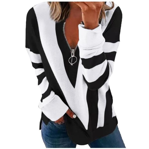 

women's t-shirt ladies spring autumn temperament zipper v-shaped stripe printing t shirt female long-sleeved v neck elegant #t3g, White