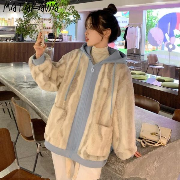 

women's jackets matakawa woman jacket autumn hooded long sleeve zipper contrast color furry patchwork sweatshirt warm coat loose, Black;brown