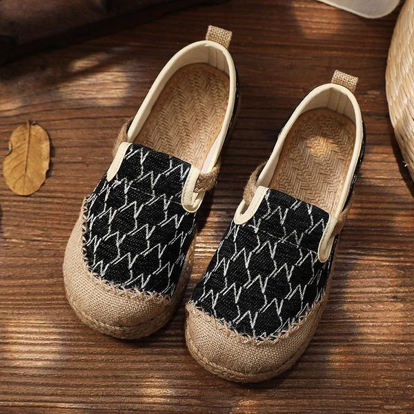 

sandals women's shoes college style cotton and linen simple personality trend single round toe flat heel hand-sewn, Black